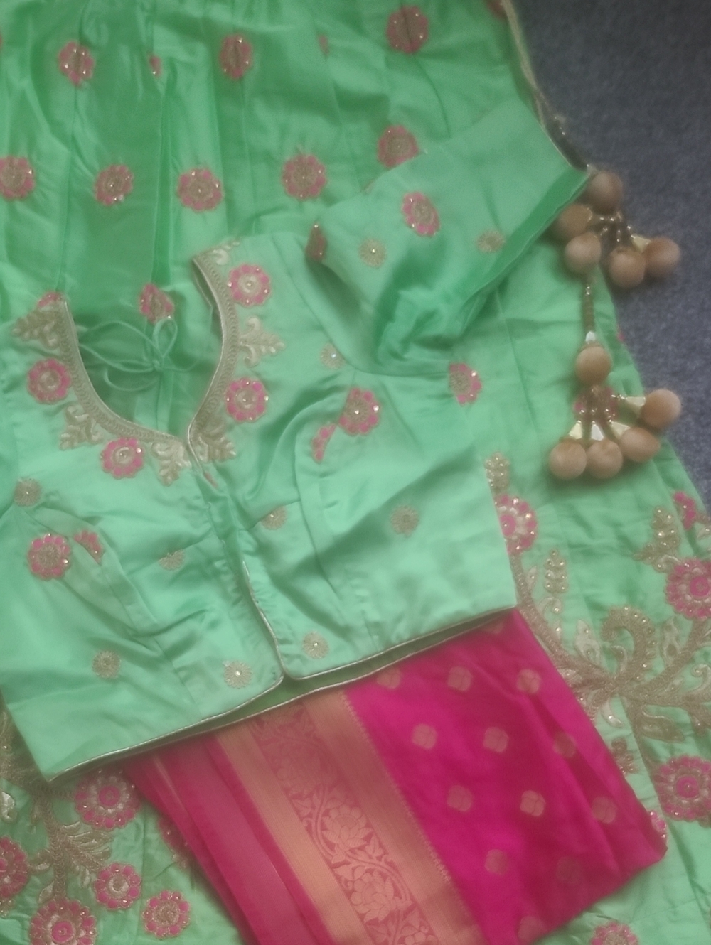 Embroidered Mint Green And Pink LEHENGA